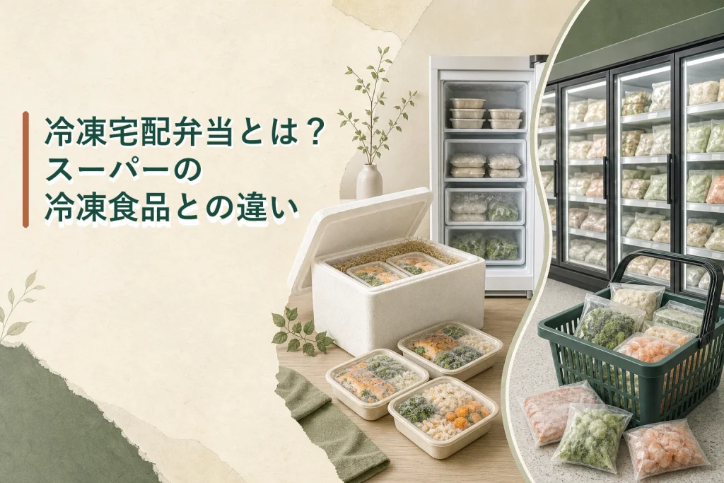 冷凍宅配弁当とスーパーの冷凍食品の違いを表した画像