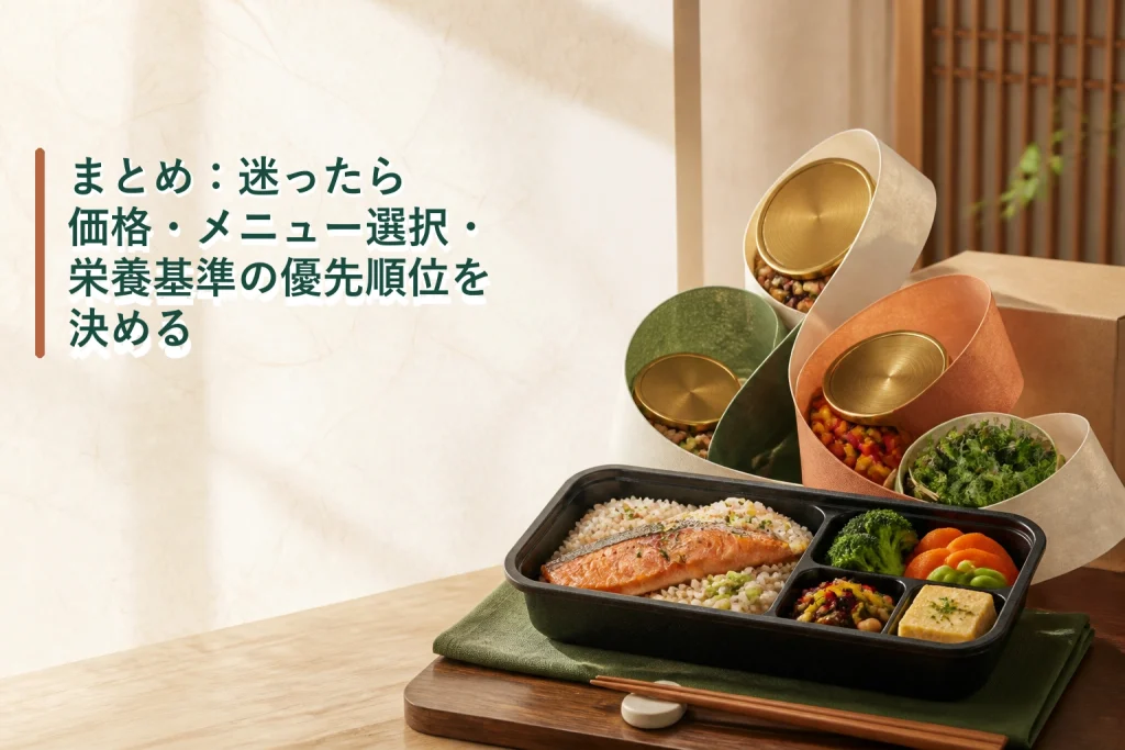 冷凍宅配弁当を価格・メニュー・栄養基準で選ぶ方法を表した画像