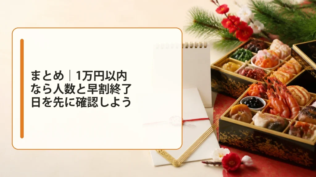まとめ|1万円以内なら人数と早割終了日を先に確認しようを説明する画像