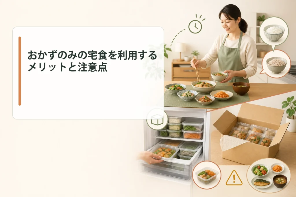 おかずのみの宅食を利用するメリットと注意点を示す画像