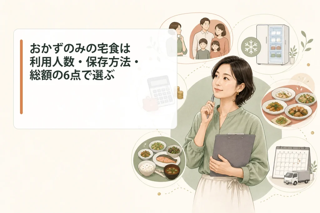 おかずのみの宅食を利用人数・保存方法・総額の6点で選ぶ方法を示す画像