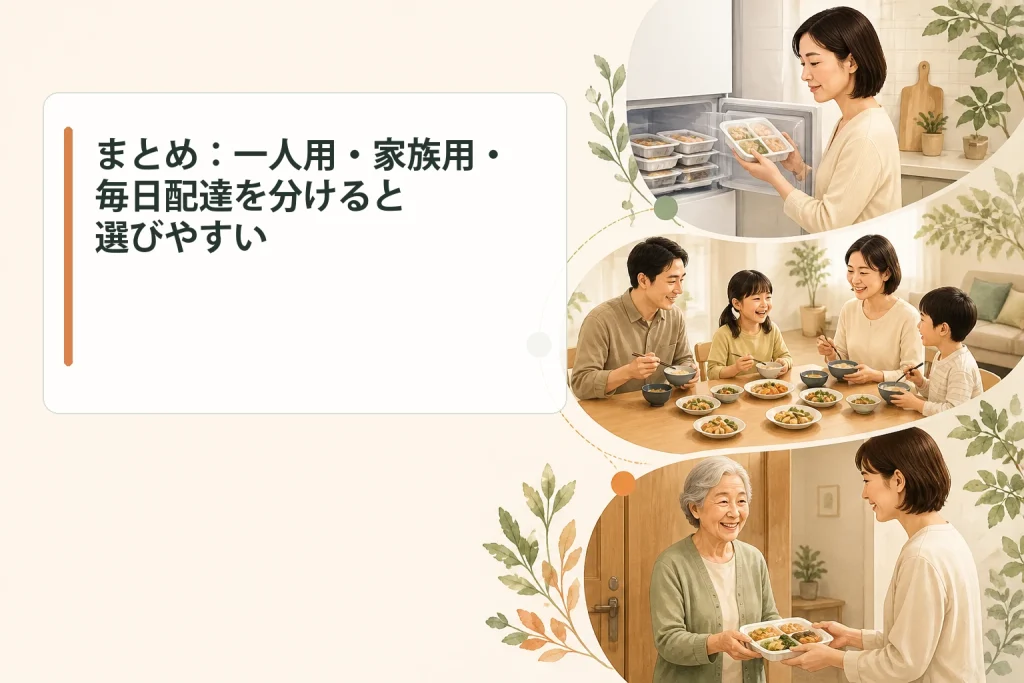 一人用・家族用・毎日配達の宅食を選び分ける方法をまとめた画像