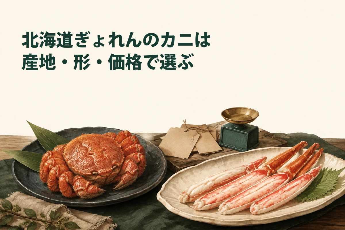 殻付き毛ガニとズワイのむき身を用途に合わせて比較するイラスト