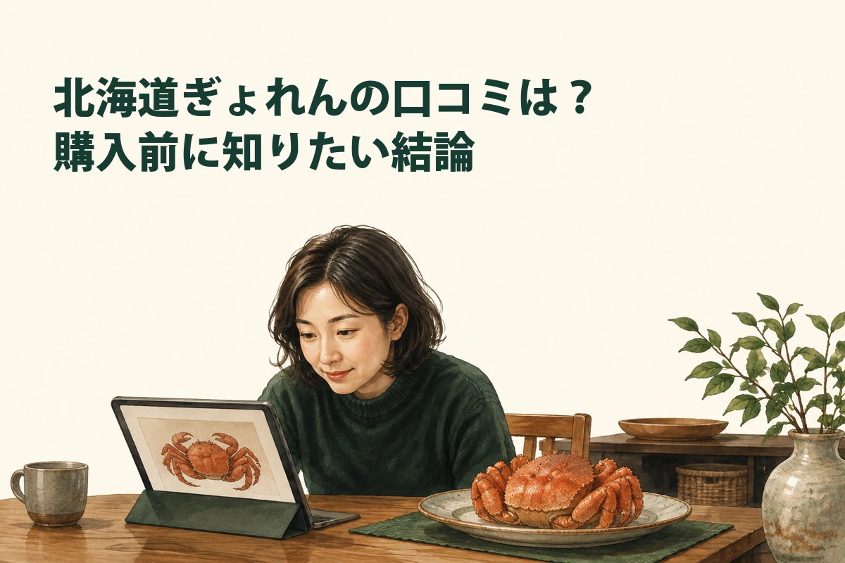カニの商品情報を見て食べ方と予算を検討する人のイラスト