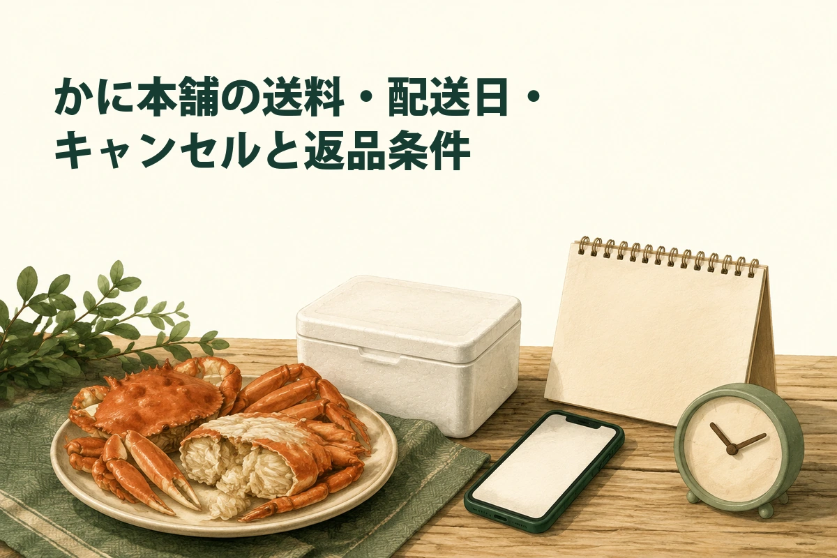 冷凍カニの受取日と注文・返品条件を確認するイラスト