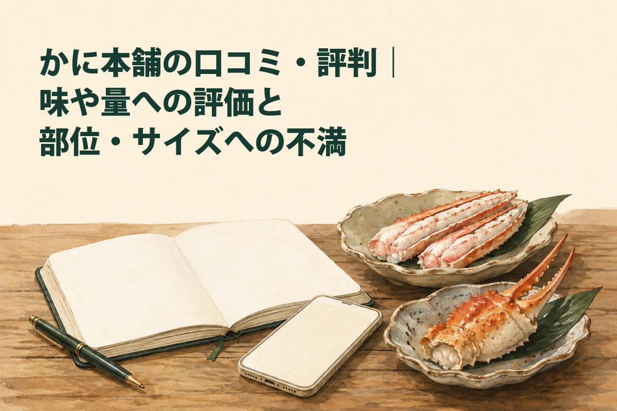 カニの味への感想と部位・大きさへの意見を分けて確認するイラスト