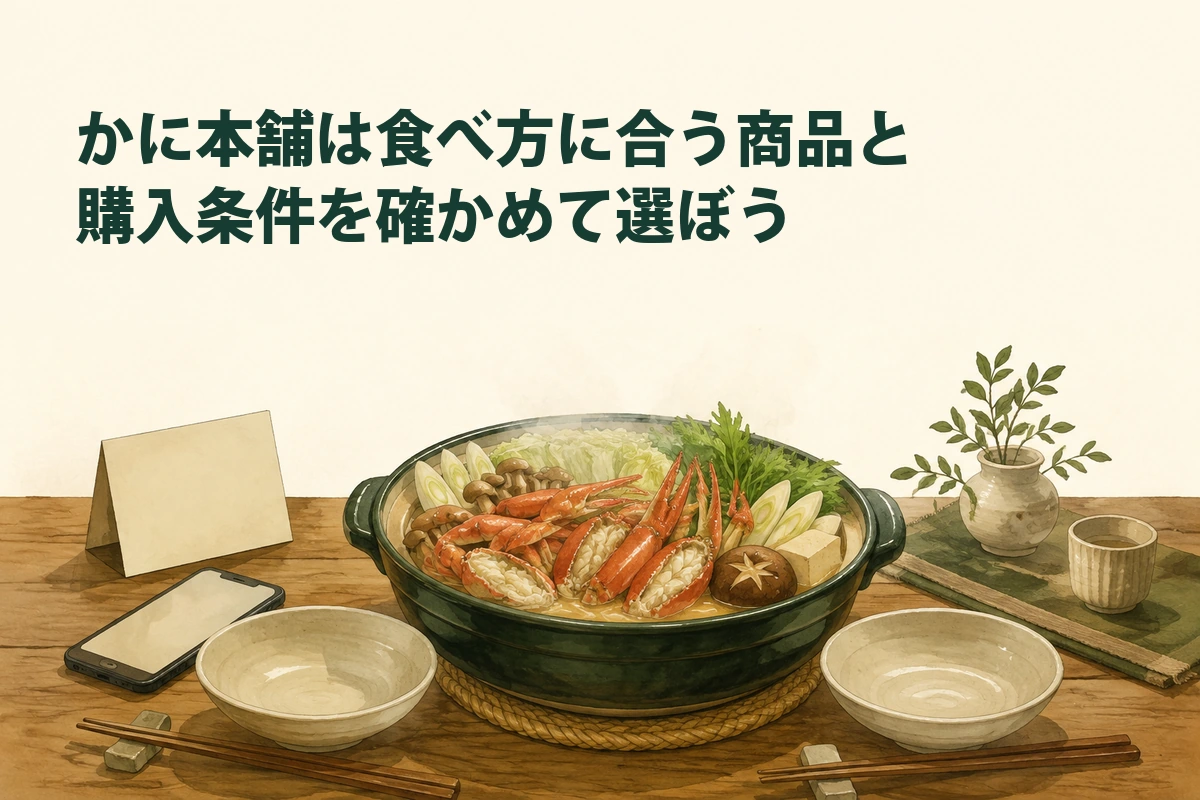 食べ方と受取条件を確かめてカニを選ぶイラスト