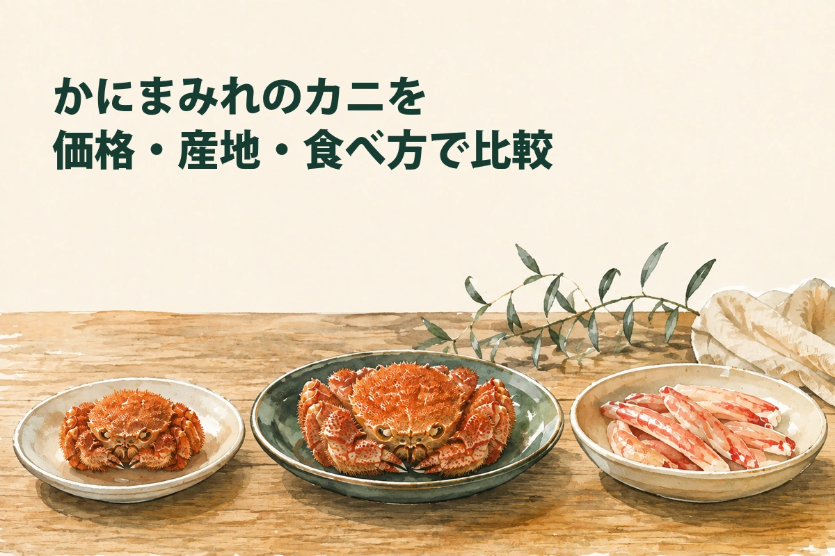 毛ガニの姿と生ズワイのむき身を食べ方で比較するイラスト