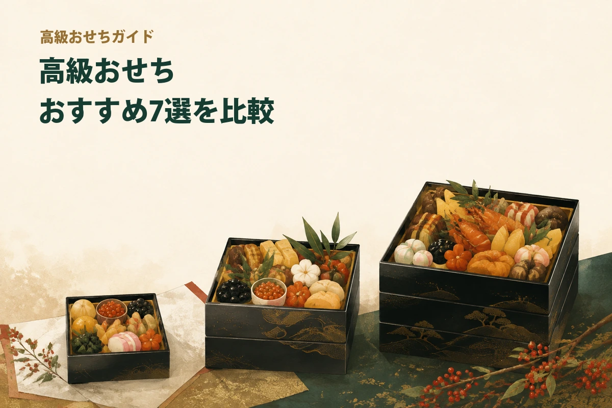 大きさや料理の構成が異なる高級おせちを比較するイメージ