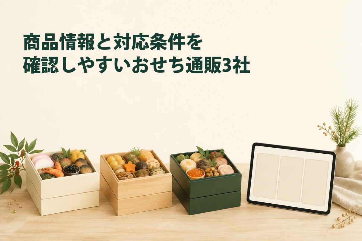複数のおせち通販の商品情報と対応条件を比較するイメージ
