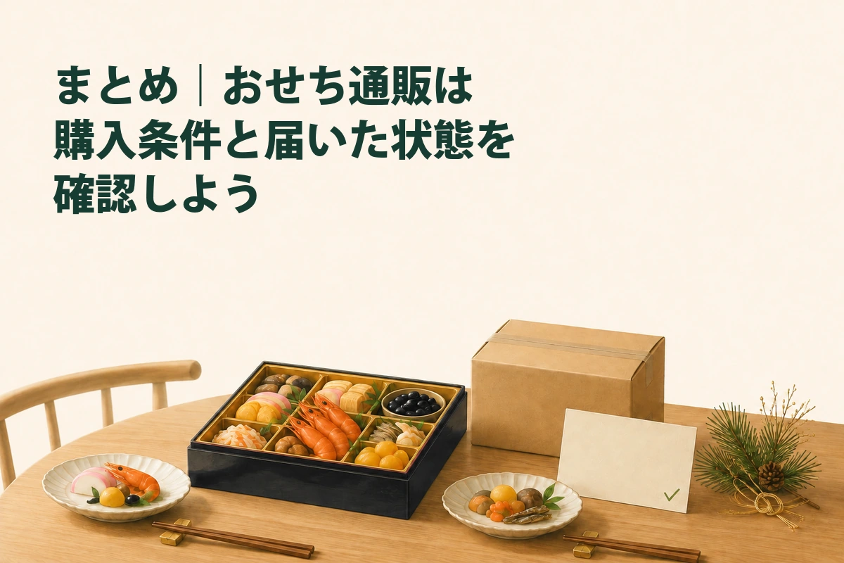 購入条件と届いたおせちを確認して食卓を整えるイメージ