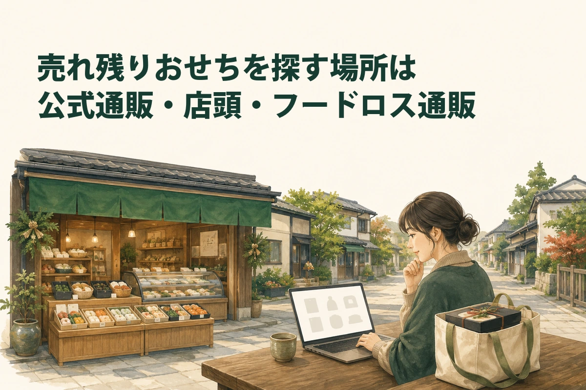 公式通販や店頭など、おせちの探し先を比較するイメージ