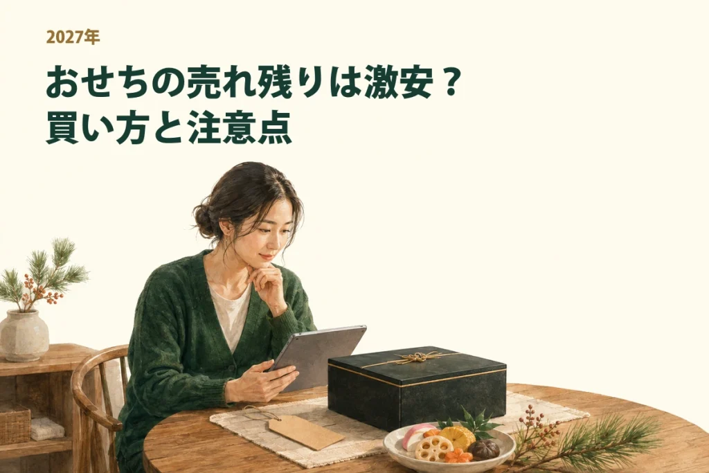おせちの値段と受取条件を落ち着いて比較するイメージイラスト