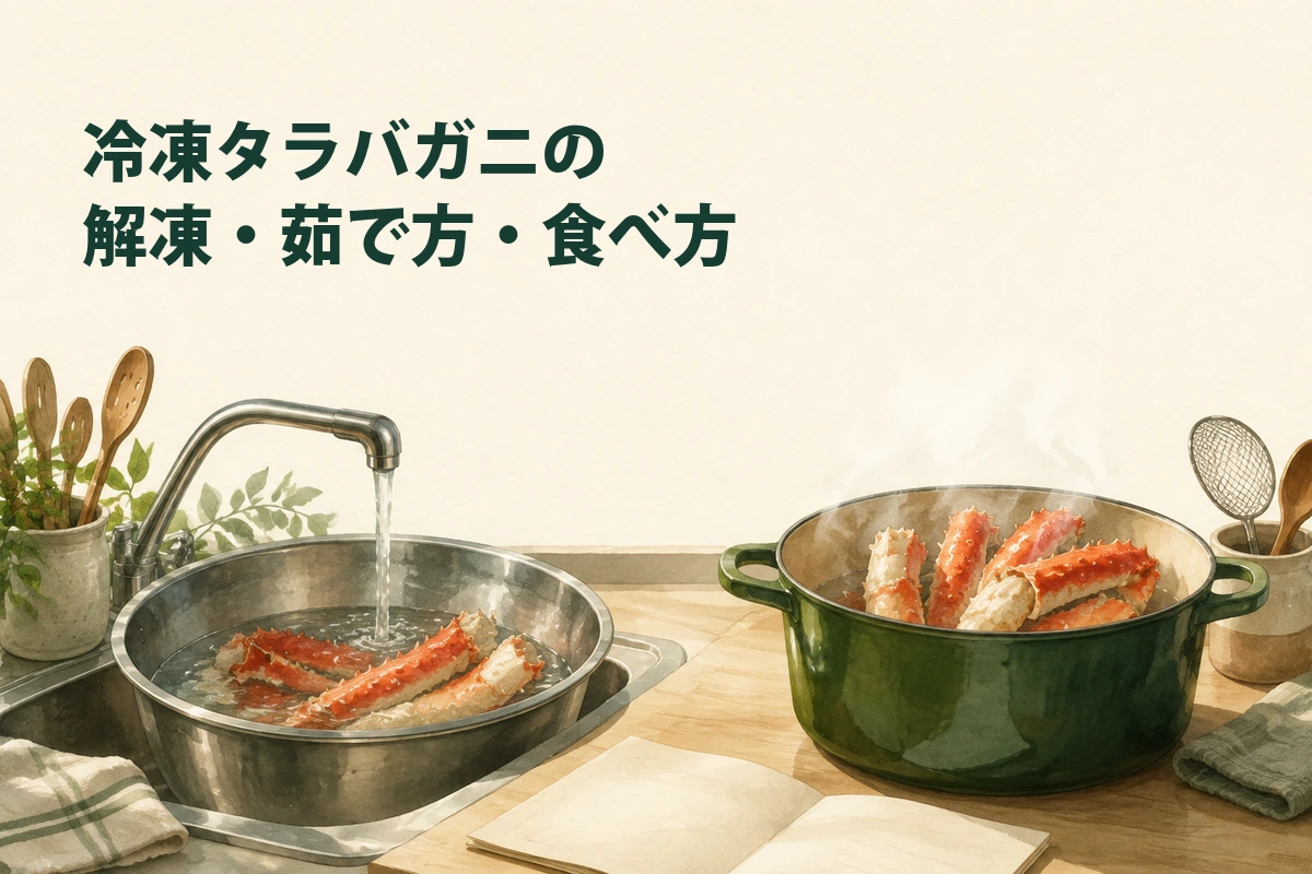 商品ごとの説明に従ってタラバガニを解凍し加熱するイラスト