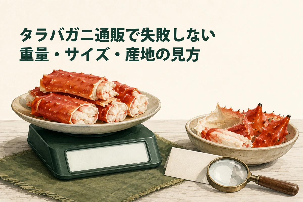 タラバガニの重量と殻の割合、商品表示を確認するイラスト