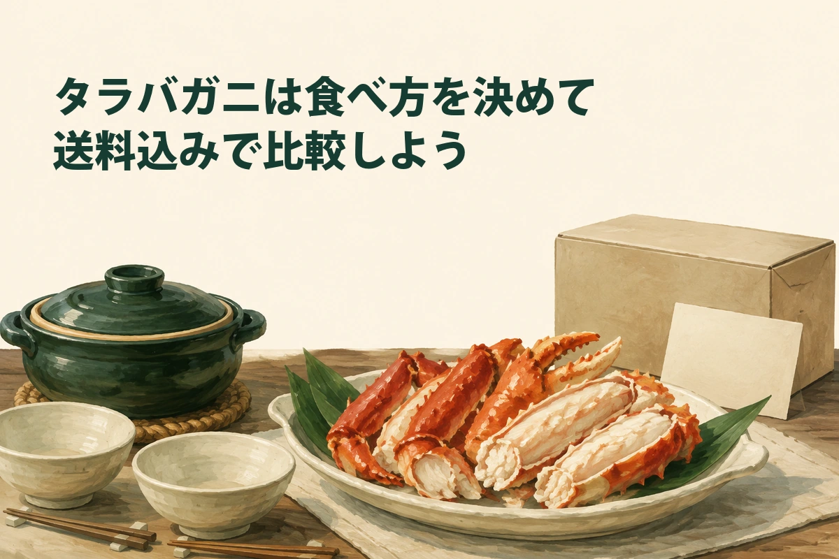 食べ方と送料込み価格を確認してタラバガニを選ぶイラスト