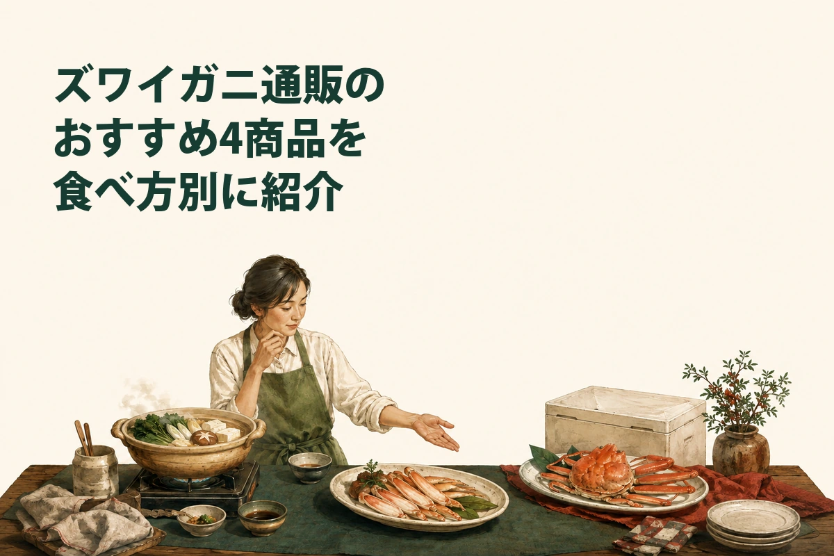 鍋や殻むきなど食べ方からズワイガニを選ぶイメージイラスト