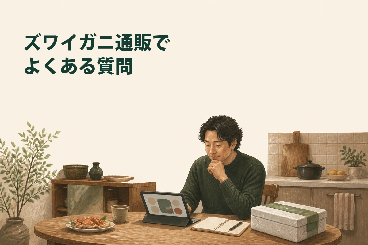 ズワイガニの量や食べ方を注文前に確認するイメージイラスト