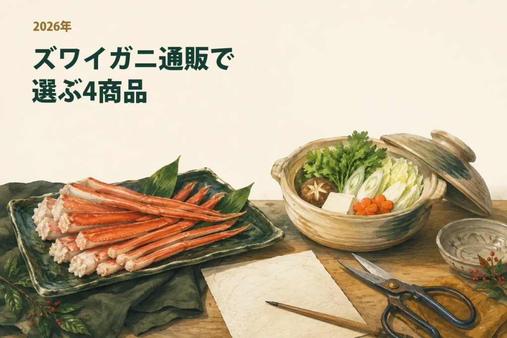 ズワイガニの形と食べ方を比べる食卓のイメージイラスト