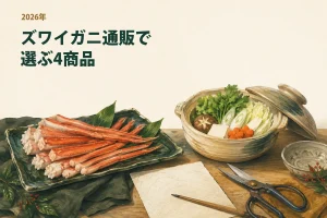 ズワイガニの形と食べ方を比べる食卓のイメージイラスト