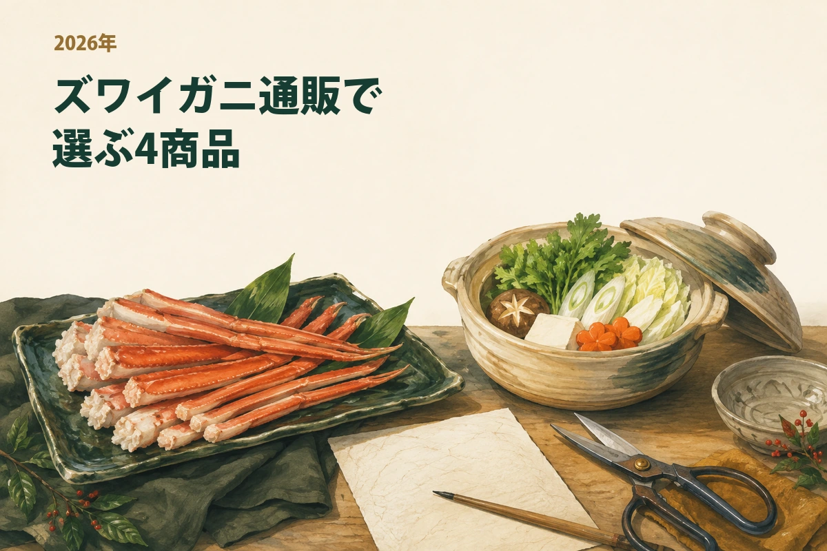 ズワイガニの形と食べ方を比べる食卓のイメージイラスト