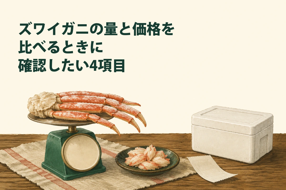カニの重量・殻・商品代・送料を見比べるイメージイラスト