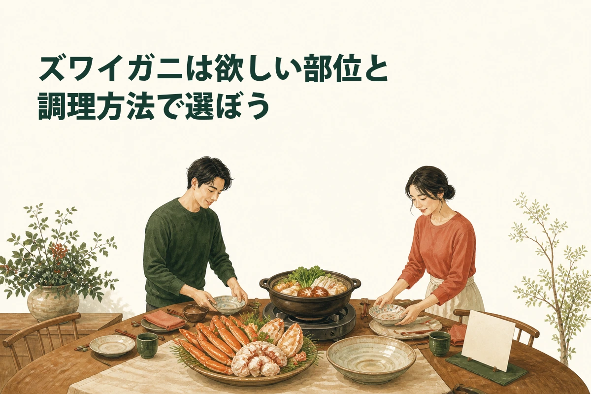 欲しい部位と調理方法を決めてカニ料理を準備するイメージイラスト