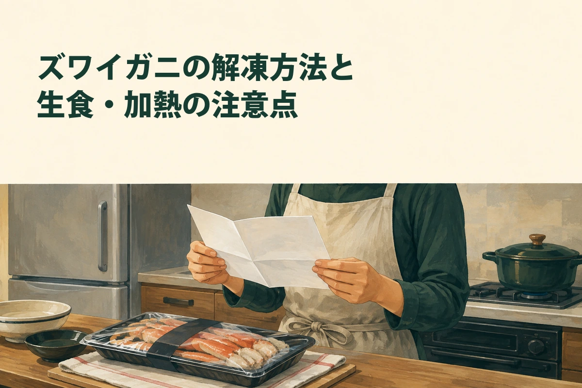 商品ごとの解凍方法と加熱表示を確かめるキッチンのイメージイラスト